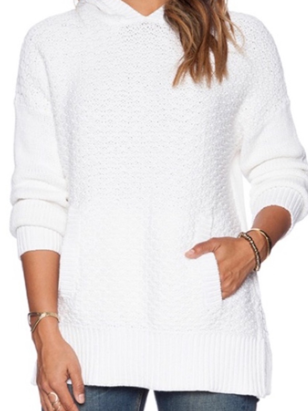 Rag & Bone Addie Hoodie Sweater M Ivory Cotton Knit Oversized Pullover Pocket